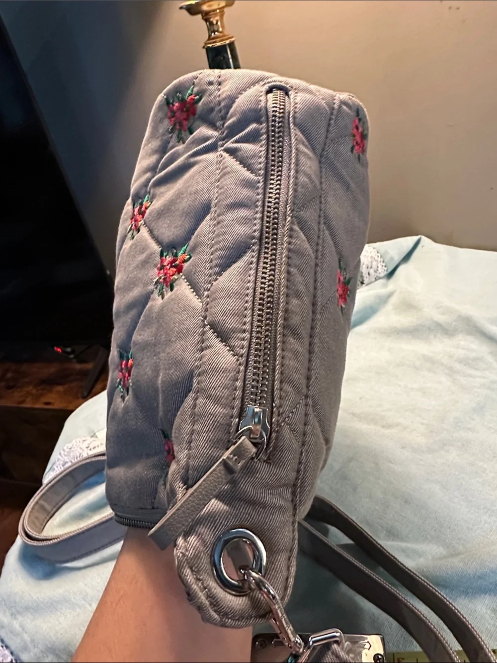 Vera Bradley Quilted Crossbody Bag in Light Gray with Floral Embroidery
